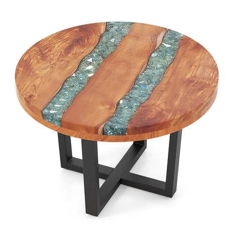 Mesa auxiliar redonda de teca maciza con borde natural de 24 pulgadas para exterior con resina epoxi