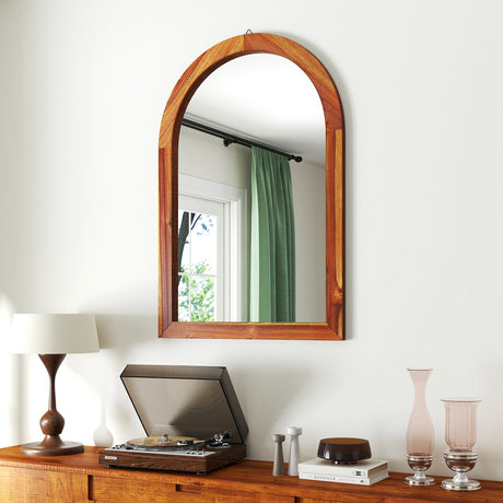 Espejo de pared arqueado de 24 x 35 pulgadas con marco de madera maciza de acacia-Marrón