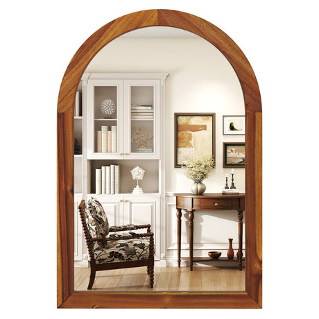 Espejo de pared arqueado de 24 x 35 pulgadas con marco de madera maciza de acacia-Marrón