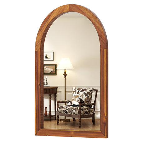 Espejo de pared arqueado de 24 x 35 pulgadas con marco de madera maciza de acacia-Marrón