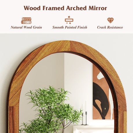 Espejo de pared arqueado de 24 x 35 pulgadas con marco de madera maciza de acacia-Marrón