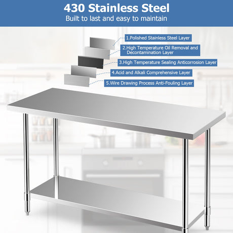 Mesa de trabajo de acero inoxidable de 24 x 60 pulgadas para preparación de cocina con estante inferior ajustable