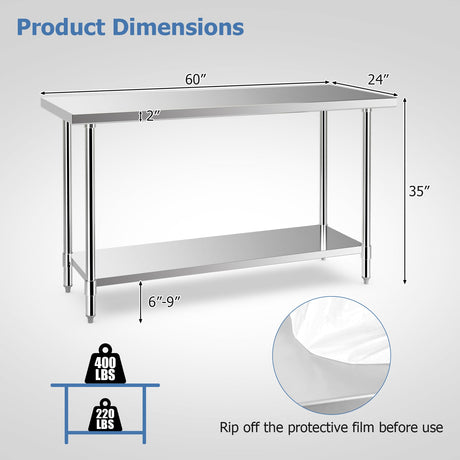 Mesa de trabajo de acero inoxidable de 24 x 60 pulgadas para preparación de cocina con estante inferior ajustable