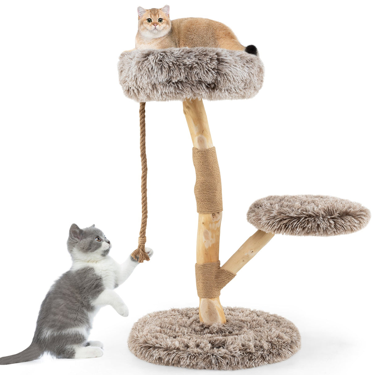 Árbol rascador moderno para gatos de madera con percha y postes rascadores de yute natural - Marrón