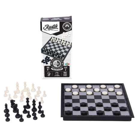 Travel Games: Rustik Foldable Magnetic Checkers/Chess  (Black/White)
