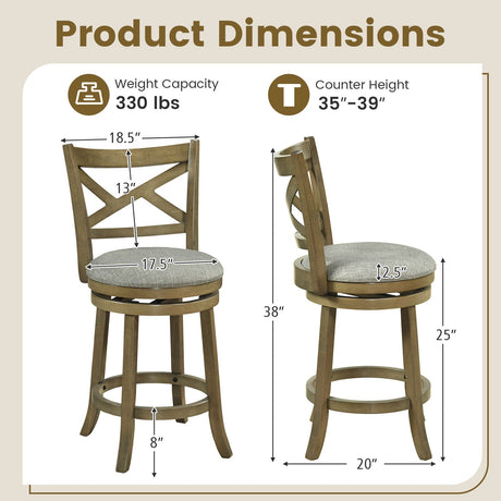 Juego de 2 taburetes de bar giratorios de 25/30 pulgadas con respaldo y estructura de madera
