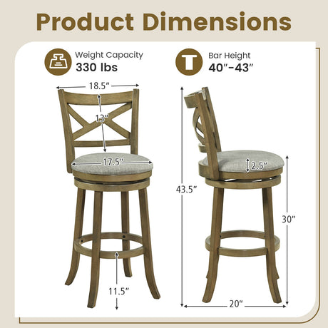 Juego de 2 taburetes de bar giratorios de 25/30 pulgadas con respaldo y estructura de madera