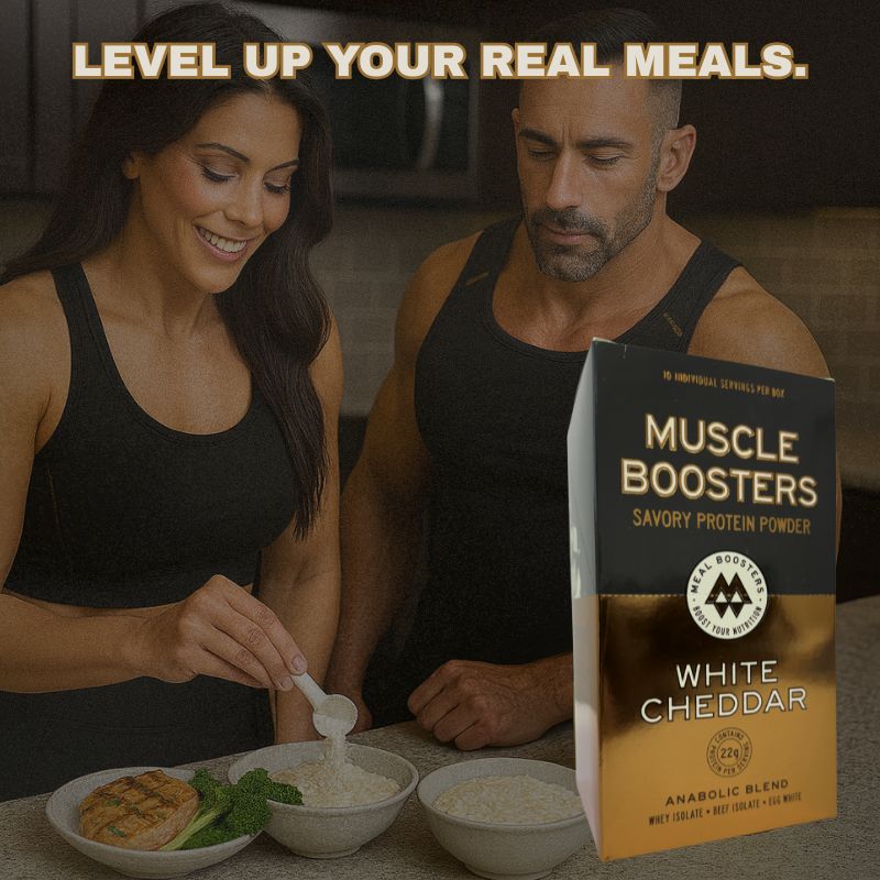 Muscle Boosters Caja Cheddar Blanco - Aislado de proteína de suero orgánico de vacas alimentadas con pasto (10 paquetes individuales)