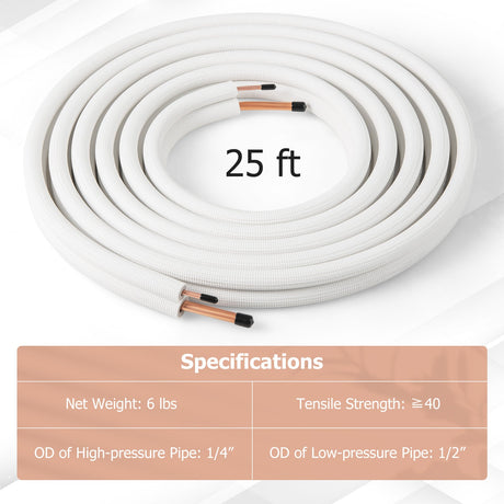 Juego de tuberías para minisplit de 25 pies con tubos de cobre de 1/4 y 1/2 pulgada de diámetro exterior