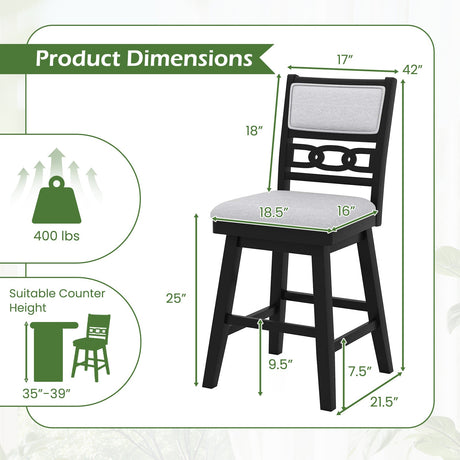 Taburetes de bar de 25 pulgadas, juego de 2 con respaldo tapizado y asiento giratorio de 360°-Negro