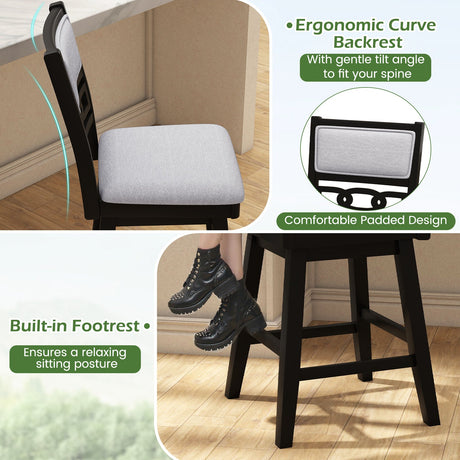 Taburetes de bar de 25 pulgadas, juego de 2 con respaldo tapizado y asiento giratorio de 360°-Negro