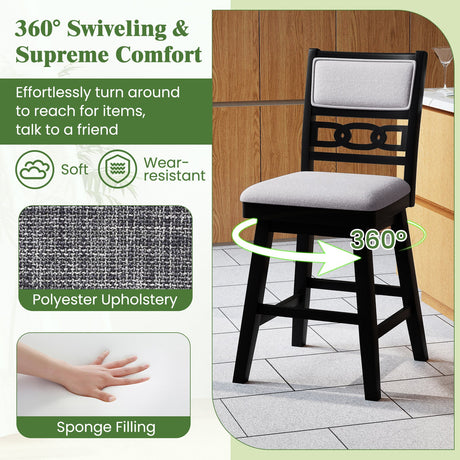 Taburetes de bar de 25 pulgadas, juego de 2 con respaldo tapizado y asiento giratorio de 360°-Negro