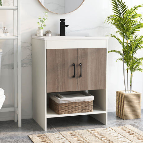 Mueble de baño de 25 pulgadas con lavabo, puertas y estante abierto - Gris