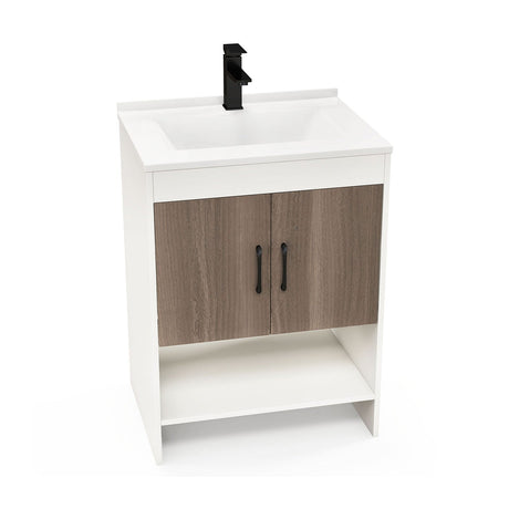 Mueble de baño de 25 pulgadas con lavabo, puertas y estante abierto - Gris