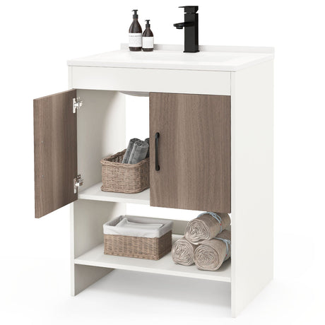 Mueble de baño de 25 pulgadas con lavabo, puertas y estante abierto - Gris