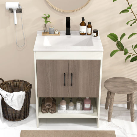 Mueble de baño de 25 pulgadas con lavabo, puertas y estante abierto - Gris