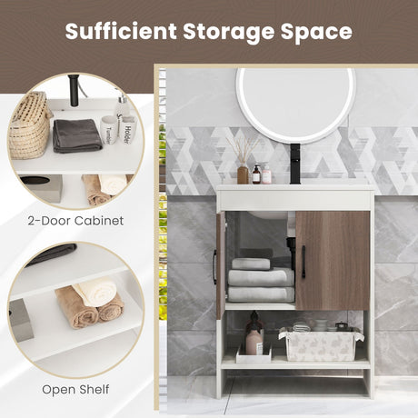 Mueble de baño de 25 pulgadas con lavabo, puertas y estante abierto - Gris