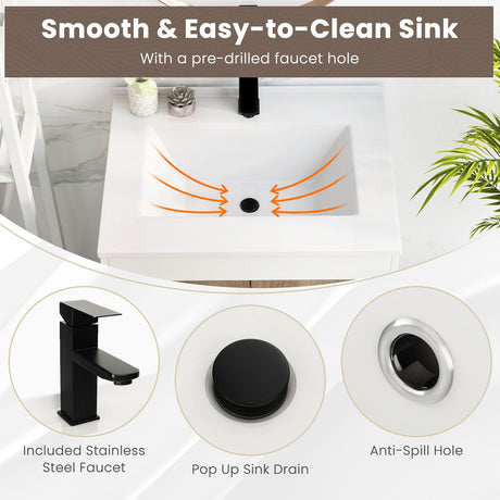 Mueble de baño de 25 pulgadas con lavabo, puertas y estante abierto - Gris