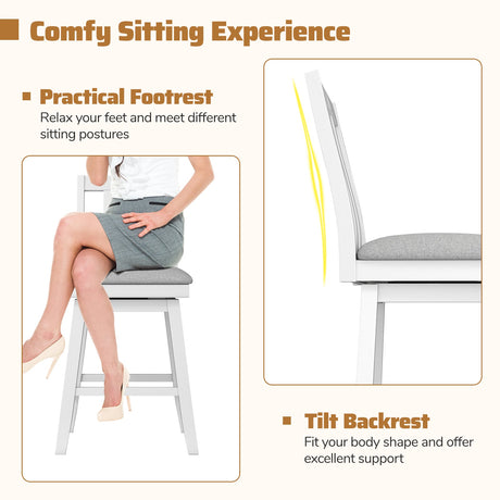 Juego de 2 taburetes de bar modernos de 25 pulgadas con asiento tapizado y giratorio 360°-Blanco