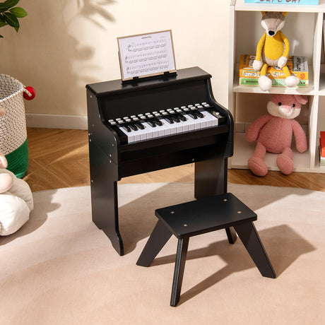 Teclado de piano para niños de 25 teclas con taburete, mini piano digital de juguete de madera con velocidad y volumen ajustables