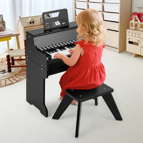 Teclado de piano para niños de 25 teclas con taburete, mini piano digital de juguete de madera con velocidad y volumen ajustables