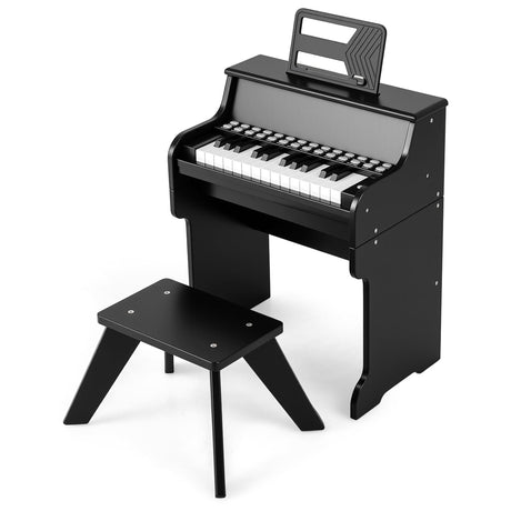 Teclado de piano para niños de 25 teclas con taburete, mini piano digital de juguete de madera con velocidad y volumen ajustables