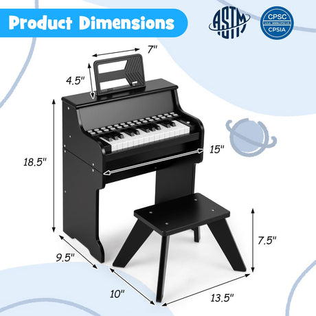 Teclado de piano para niños de 25 teclas con taburete, mini piano digital de juguete de madera con velocidad y volumen ajustables