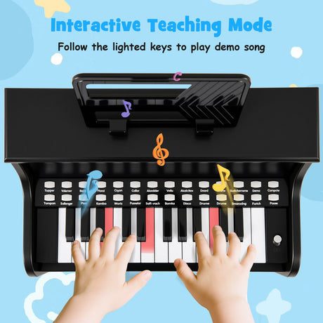 Teclado de piano para niños de 25 teclas con taburete, mini piano digital de juguete de madera con velocidad y volumen ajustables