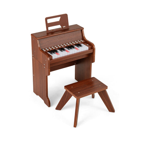 Teclado de piano para niños de 25 teclas con taburete, mini piano digital de juguete de madera con velocidad y volumen ajustables