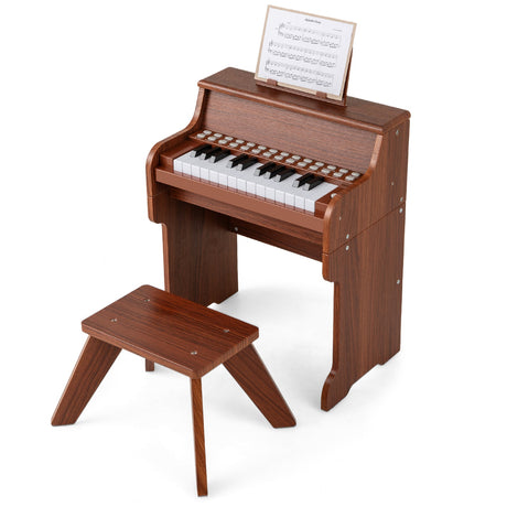 Teclado de piano para niños de 25 teclas con taburete, mini piano digital de juguete de madera con velocidad y volumen ajustables