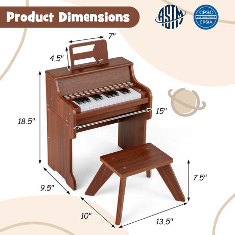 Teclado de piano para niños de 25 teclas con taburete, mini piano digital de juguete de madera con velocidad y volumen ajustables
