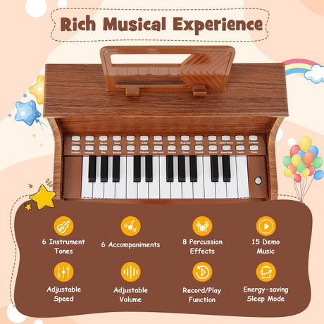 Teclado de piano para niños de 25 teclas con taburete, mini piano digital de juguete de madera con velocidad y volumen ajustables