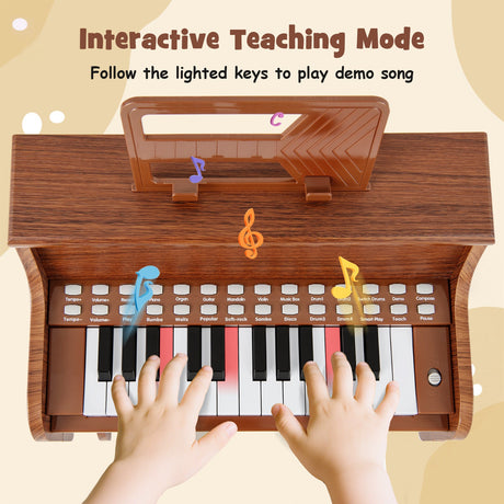 Teclado de piano para niños de 25 teclas con taburete, mini piano digital de juguete de madera con velocidad y volumen ajustables