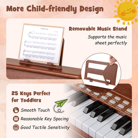 Teclado de piano para niños de 25 teclas con taburete, mini piano digital de juguete de madera con velocidad y volumen ajustables