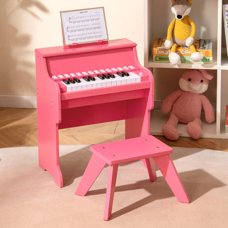 Teclado de piano para niños de 25 teclas con taburete, mini piano digital de juguete de madera con velocidad y volumen ajustables