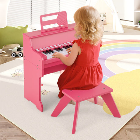Teclado de piano para niños de 25 teclas con taburete, mini piano digital de juguete de madera con velocidad y volumen ajustables