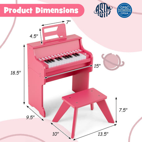 Teclado de piano para niños de 25 teclas con taburete, mini piano digital de juguete de madera con velocidad y volumen ajustables
