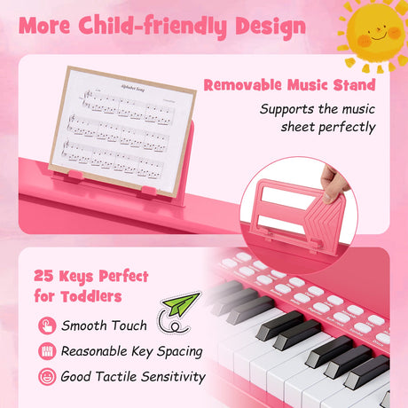 Teclado de piano para niños de 25 teclas con taburete, mini piano digital de juguete de madera con velocidad y volumen ajustables