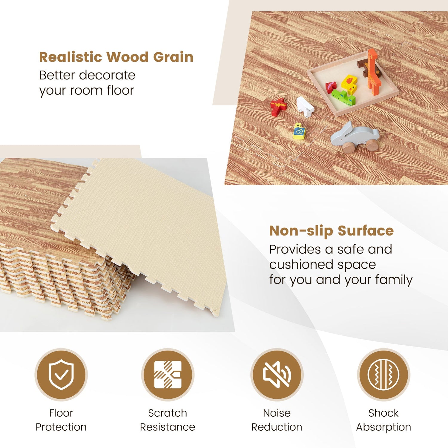 25 Tiles Wood Grain Foam Floor Mats with Borders- Natural