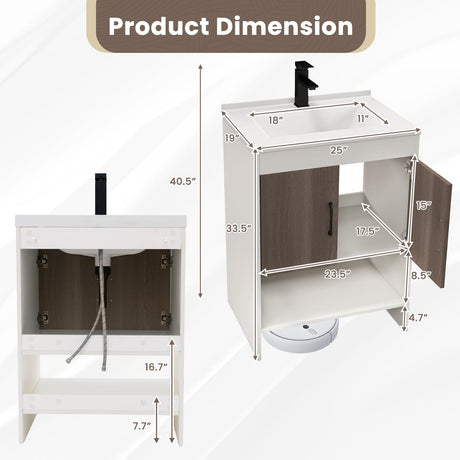Mueble de baño de 25 pulgadas con lavabo, puertas y estante abierto - Gris