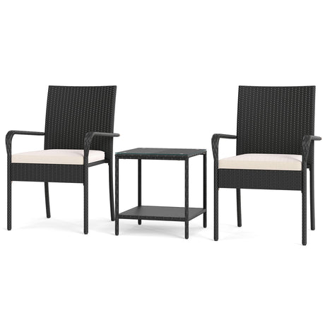 Juego de muebles de patio de 3 piezas con cojines de asiento y mesa con cubierta de vidrio templado