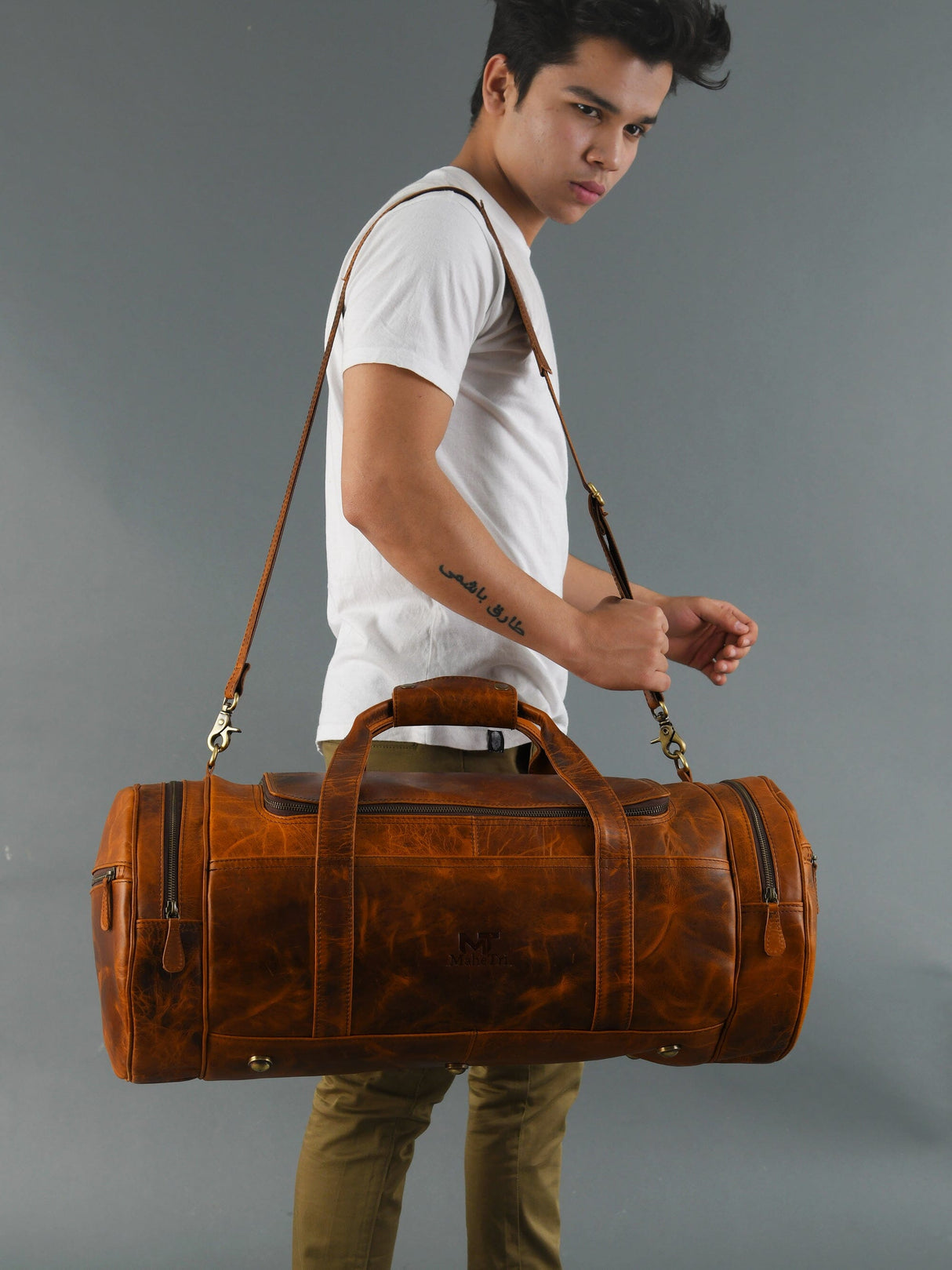 Bolsa de Viaje Redonda de Cuero para Gimnasio