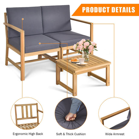 Sofá biplaza de madera de acacia 3 en 1 con mesa de centro separable