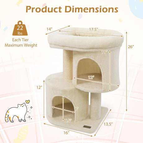 Torre para gatos de 26 pulgadas con percha acolchada grande y doble condominio