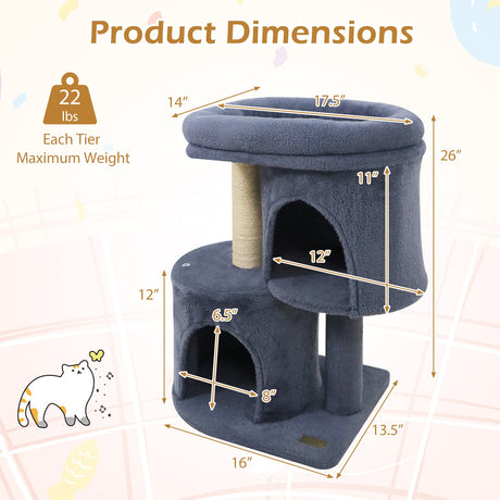 Torre para gatos de 26 pulgadas con percha acolchada grande y doble condominio