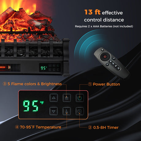Calefactor de chimenea eléctrica de 26 pulgadas con control remoto y brasero de madera de limón realista - Negro