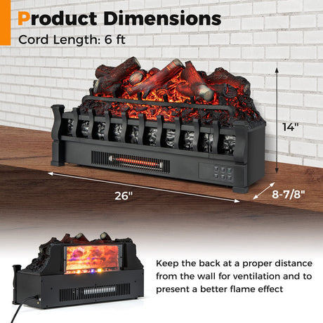 Calefactor de chimenea eléctrica de 26 pulgadas con control remoto y brasero de madera de limón realista - Negro