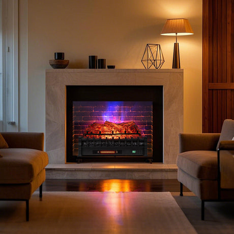 Calentador de troncos de chimenea eléctrica de cuarzo infrarrojo WiFi de 26 pulgadas con troncos de pino realistas-Negro