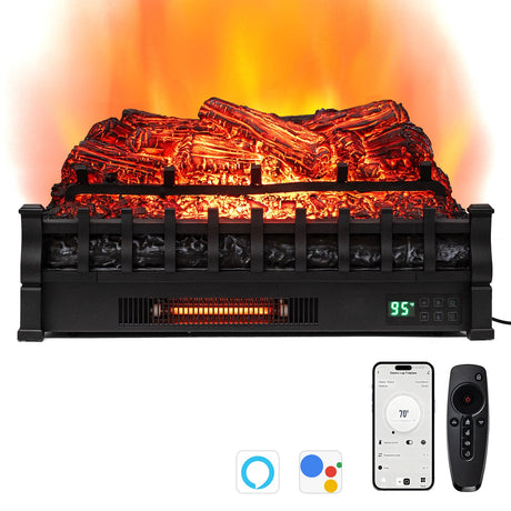 Calentador de troncos de chimenea eléctrica de cuarzo infrarrojo WiFi de 26 pulgadas con troncos de pino realistas-Negro