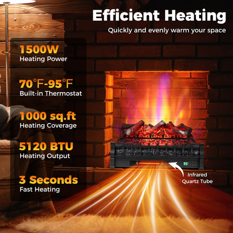 Troncos de chimenea eléctrica de cuarzo infrarrojo con WiFi de 26 pulgadas con troncos realistas de limón - Negro